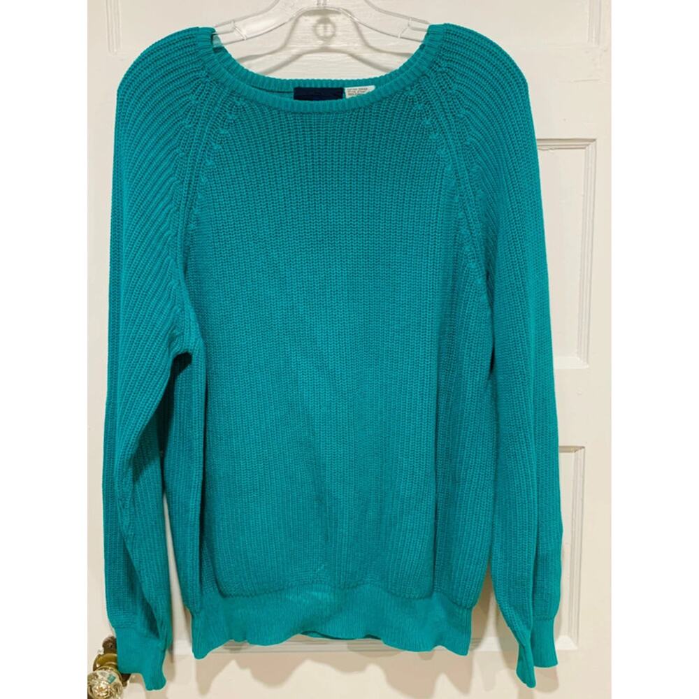 Kreeger Vintage Teal Cotton Sweater, 1990s, Chunky Knit Texture Size Medium